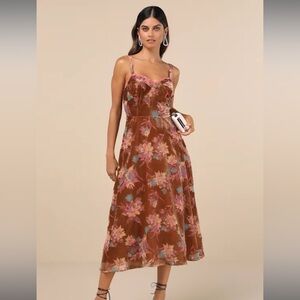 NWT: Lulus Coveted Grace Brown Velvet Burnout Bustier Midi Dress